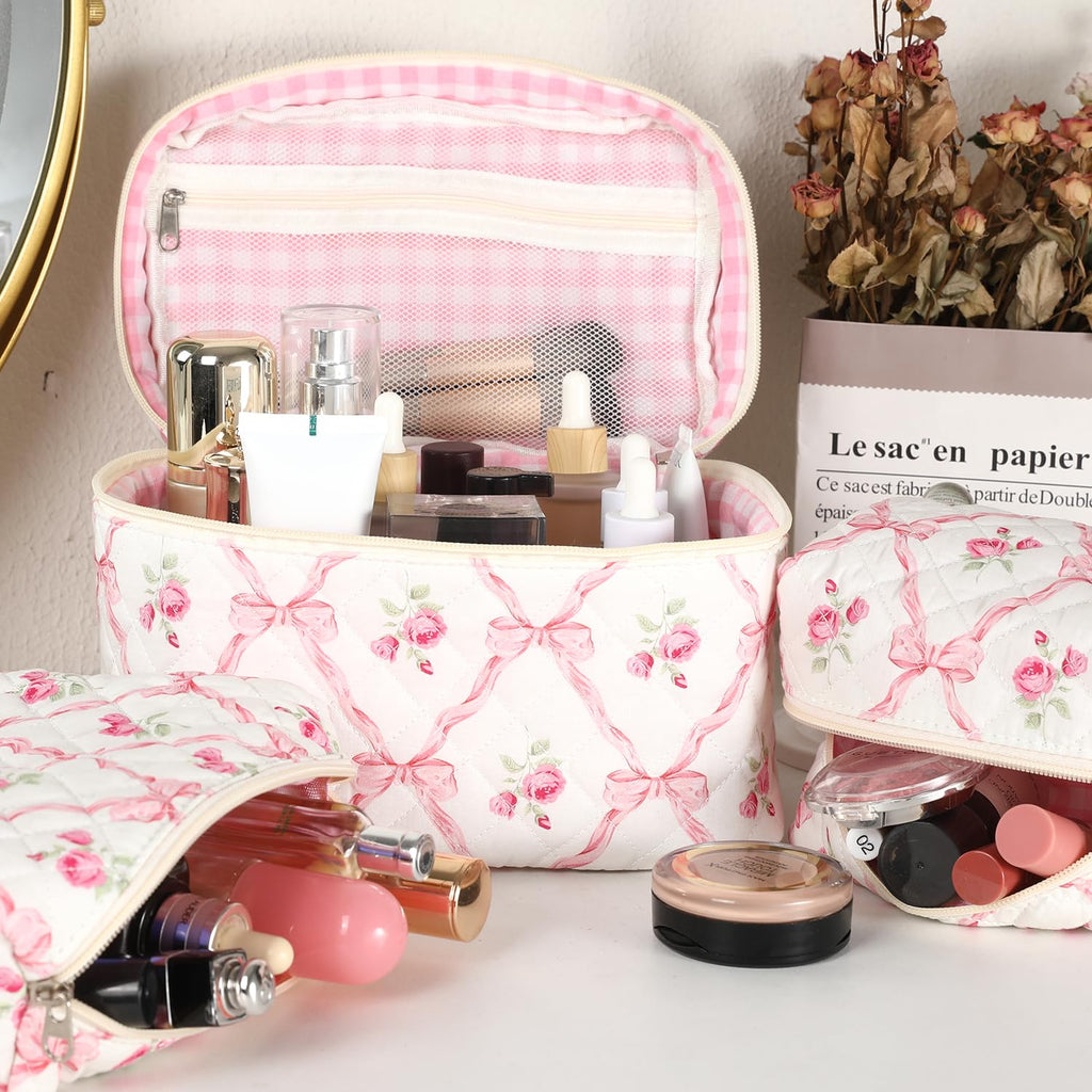 Sarrany 3Pcs Makeup Bag Set – Quilted Floral Cosmetic Bags, Wide-Open Access & Travel Organizer