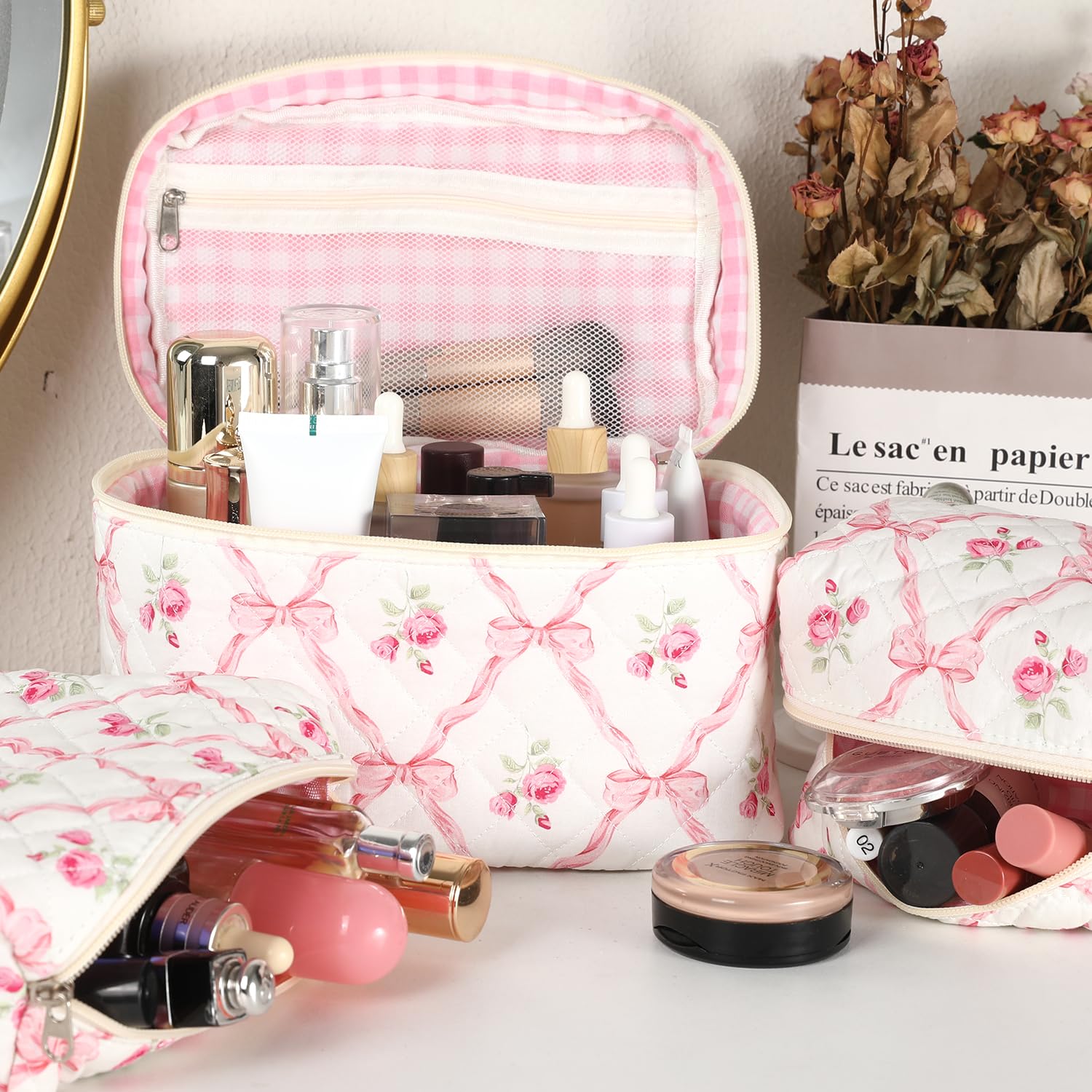 Sarrany 3Pcs Makeup Bag Set – Quilted Floral Cosmetic Bags, Wide-Open Access & Travel Organizer