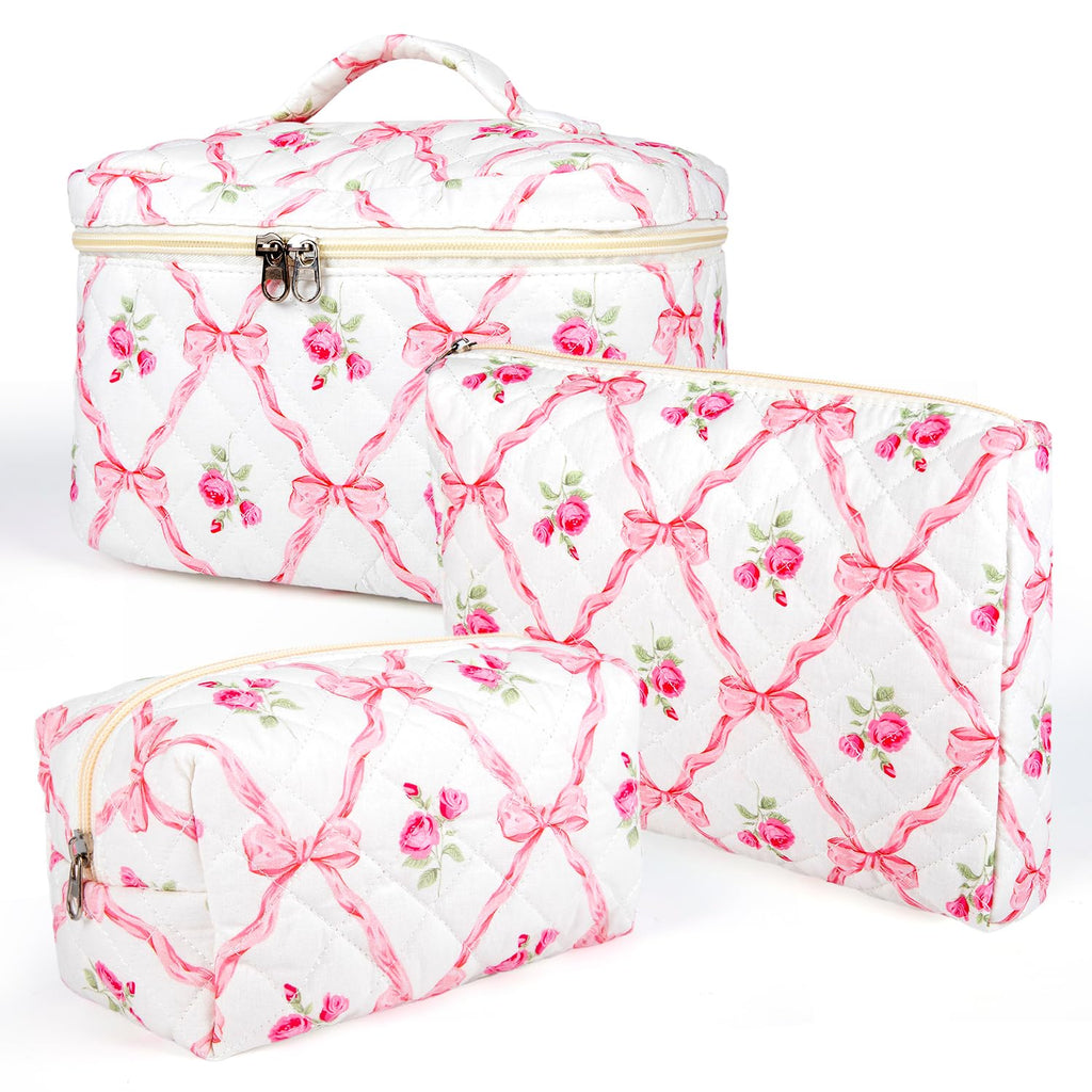 Sarrany 3Pcs Makeup Bag Set – Quilted Floral Cosmetic Bags, Wide-Open Access & Travel Organizer