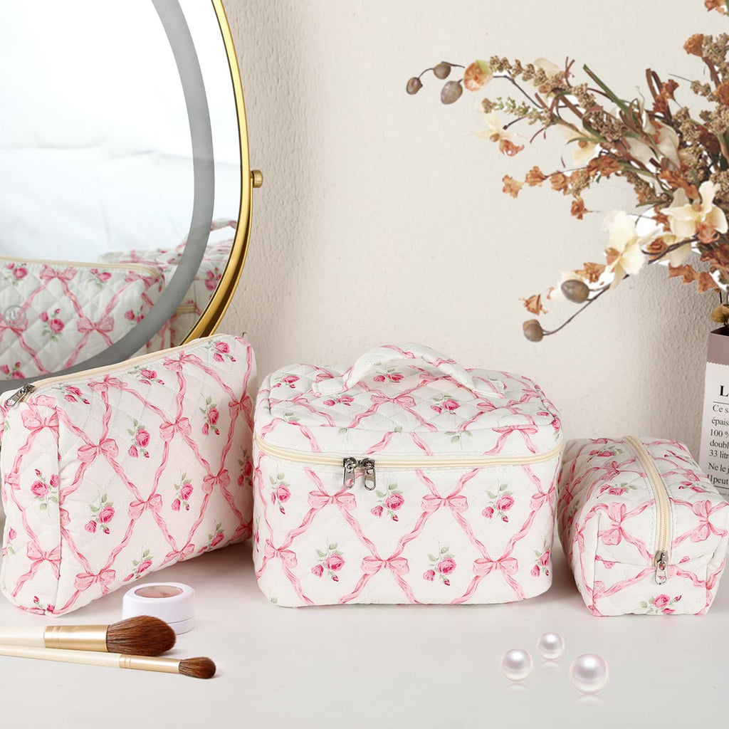 Sarrany 3Pcs Makeup Bag Set – Quilted Floral Cosmetic Bags, Wide-Open Access & Travel Organizer