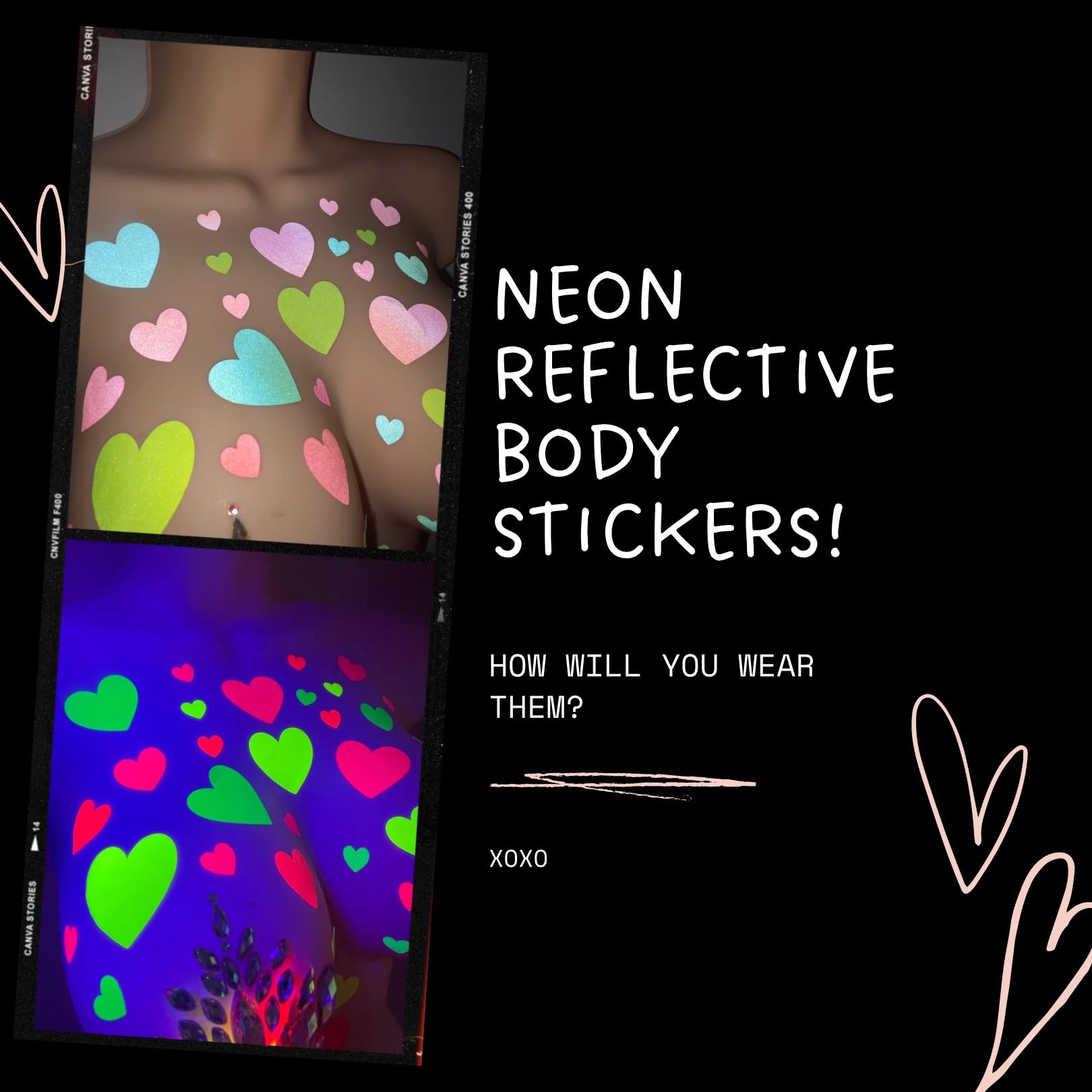 Sasswear Blacklight Heart Stickers - Neon Glow 40-Pack, Made in USA