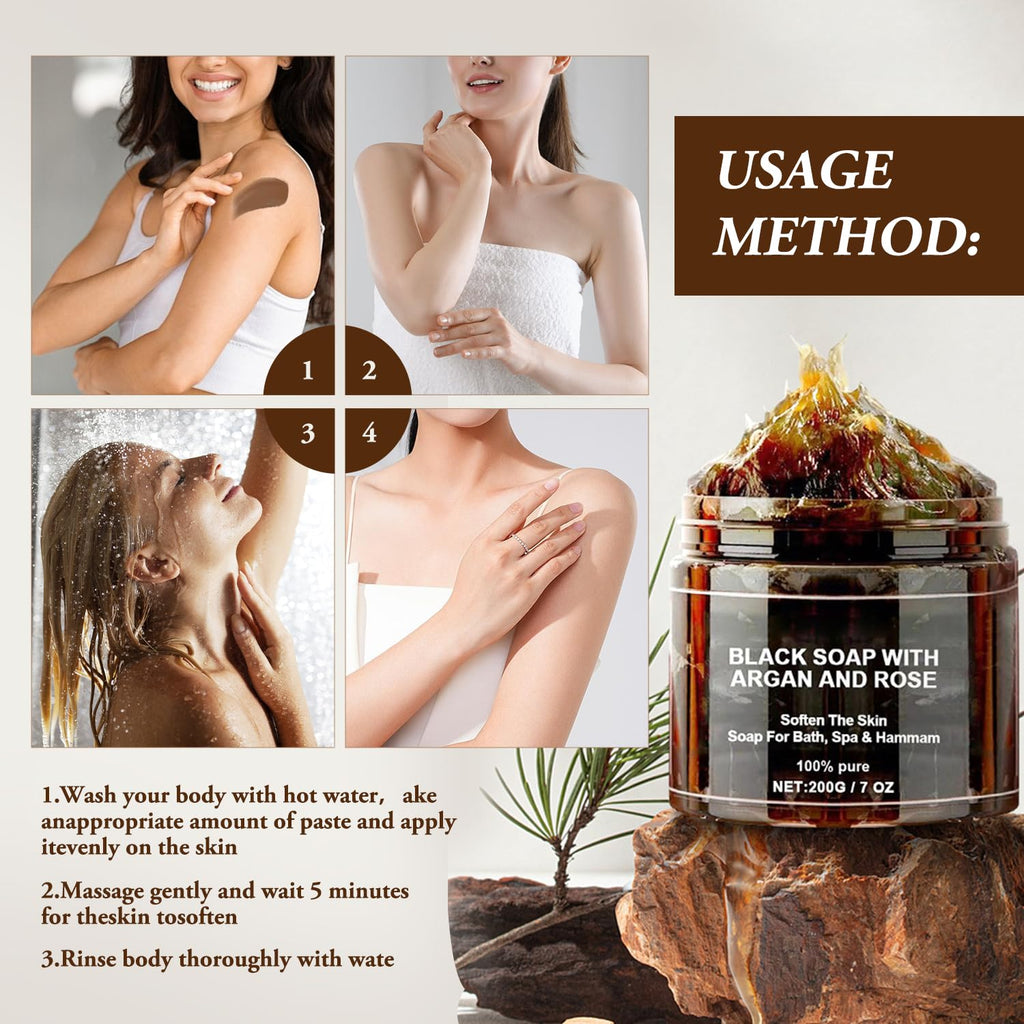 Satasiam Morocco Black Soap with Argan and Rose – Exfoliating Beldi Soap with Kessa Glove