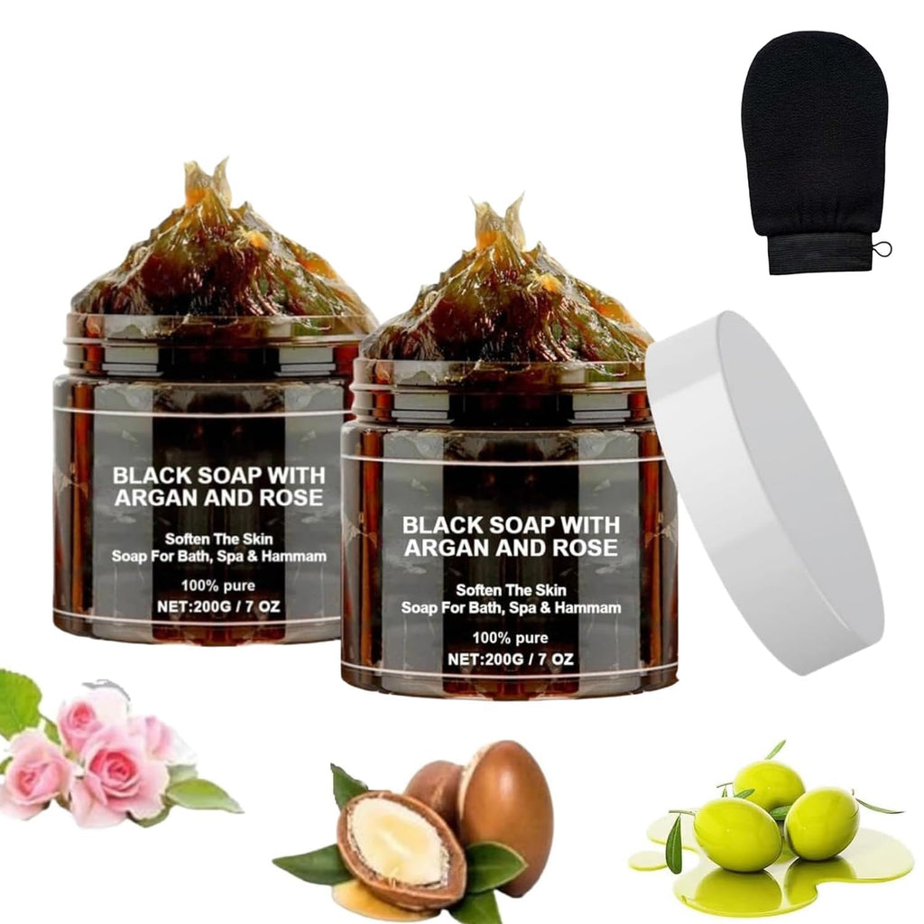 Satasiam Morocco Black Soap with Argan and Rose – Exfoliating Beldi Soap with Kessa Glove