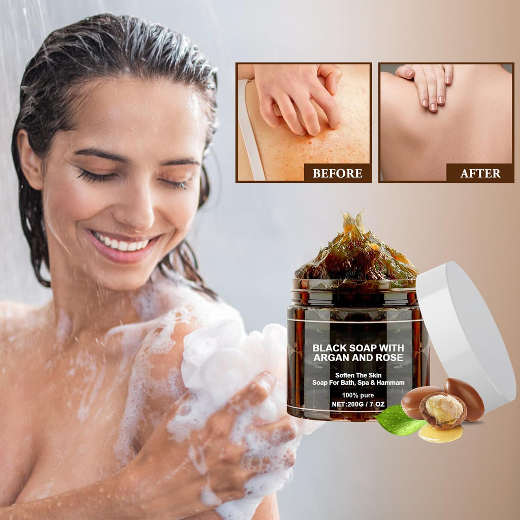 Satasiam Morocco Black Soap with Argan and Rose – Exfoliating Beldi Soap with Kessa Glove