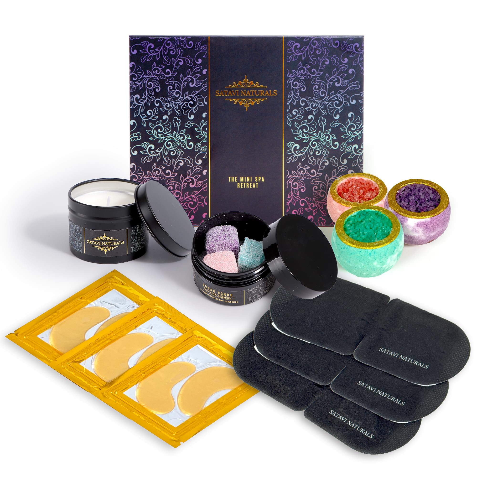 Satavi Naturals Spa Gift Set – Mini Spa Retreat with Bath Bombs & 24K Eye Masks