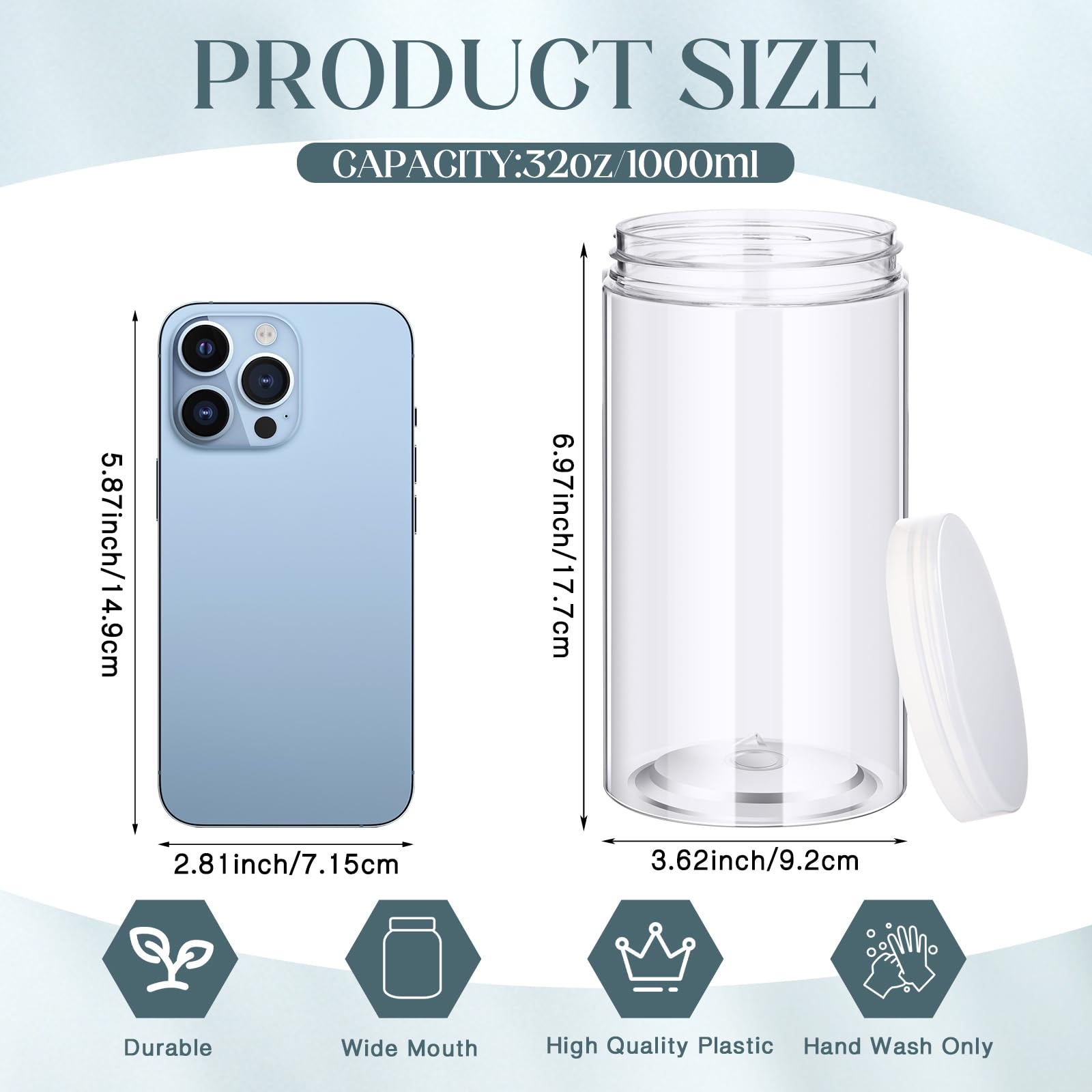 SATINIOR 12 Pack 32 oz Clear Plastic Jars with Lids – Refillable, Leakproof Containers