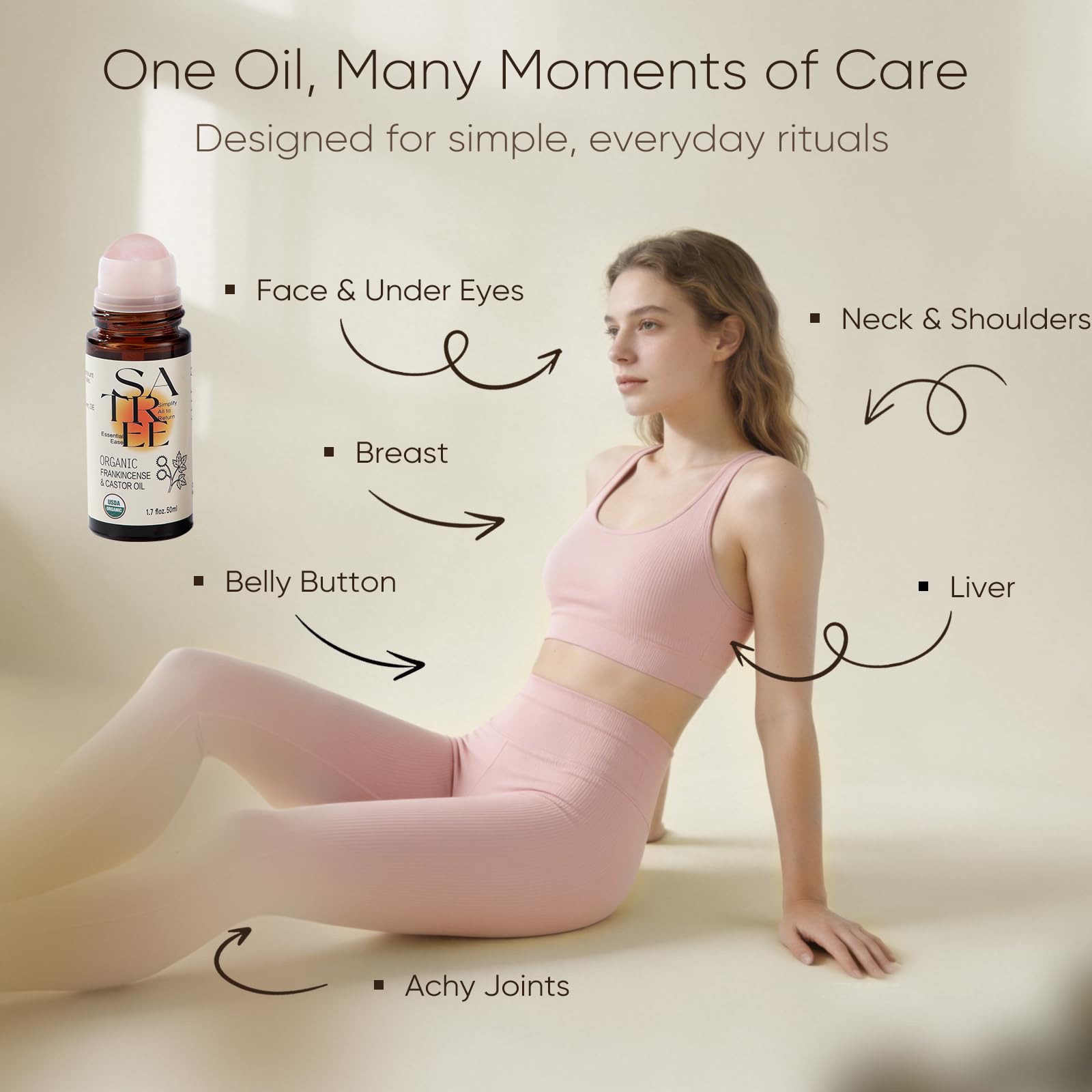 SATREE Organic Castor & Frankincense Oil with Rose Quartz Rollerball – USDA Roll-On
