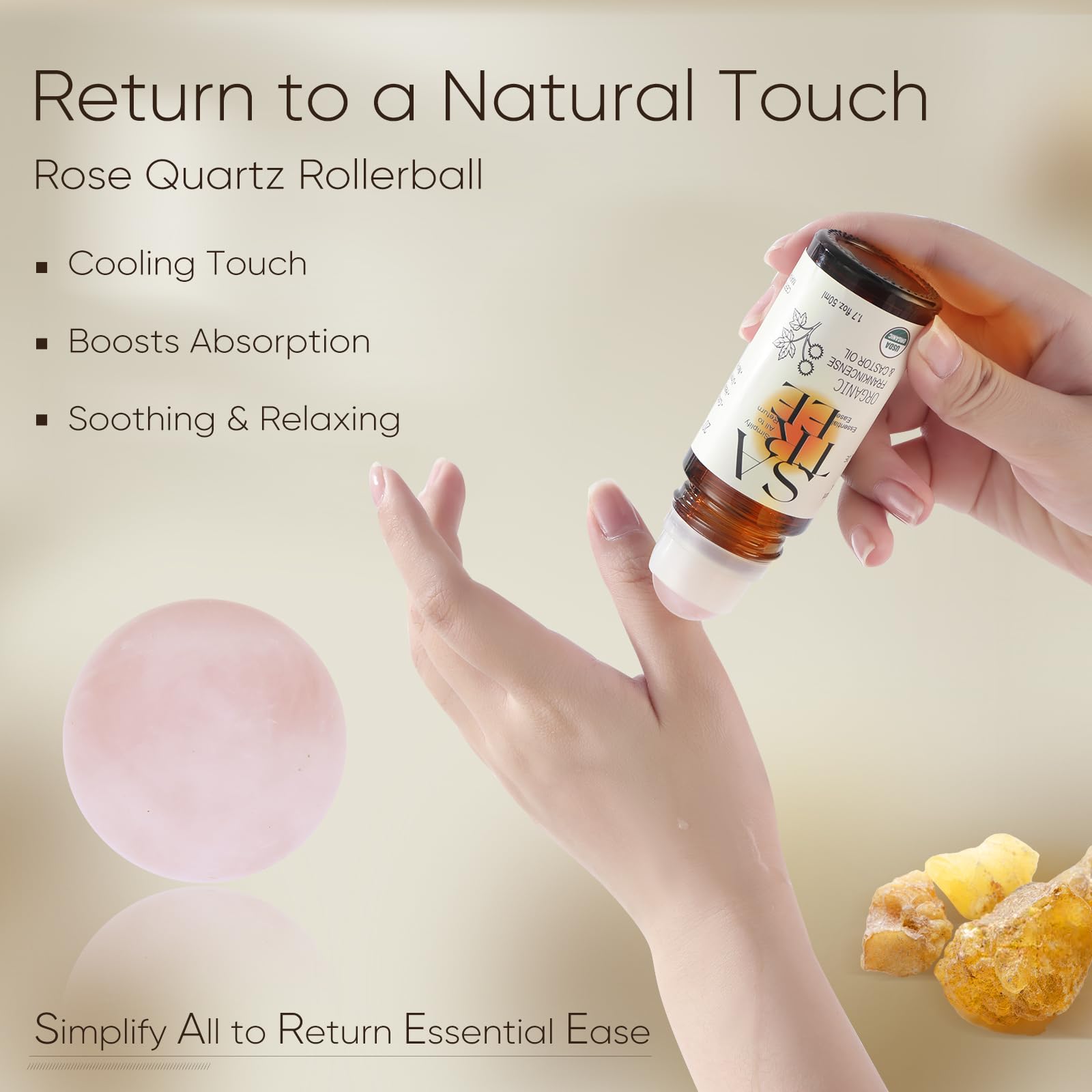 SATREE Organic Castor & Frankincense Oil with Rose Quartz Rollerball – USDA Roll-On