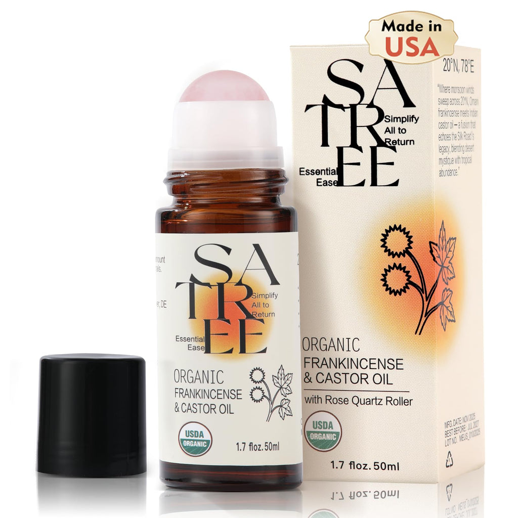 SATREE Organic Castor & Frankincense Oil with Rose Quartz Rollerball – USDA Roll-On