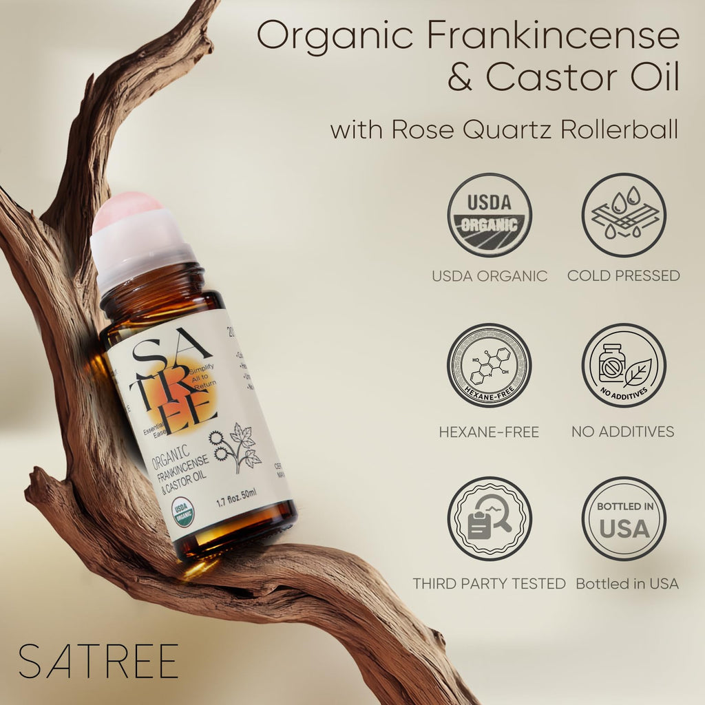 SATREE Organic Castor & Frankincense Oil with Rose Quartz Rollerball – USDA Roll-On