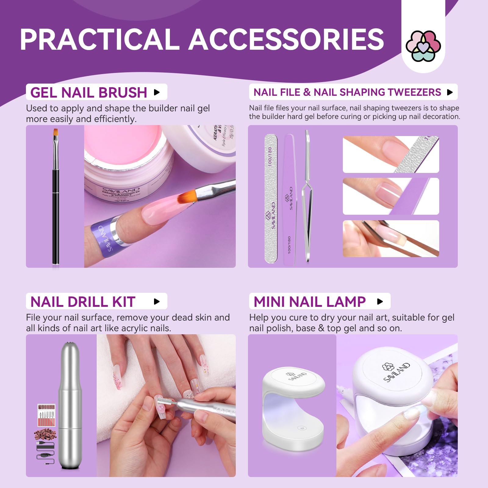 SAVILAND Builder Nail Gel Set with Nail Drill – 3 Gels + Mini Lamp