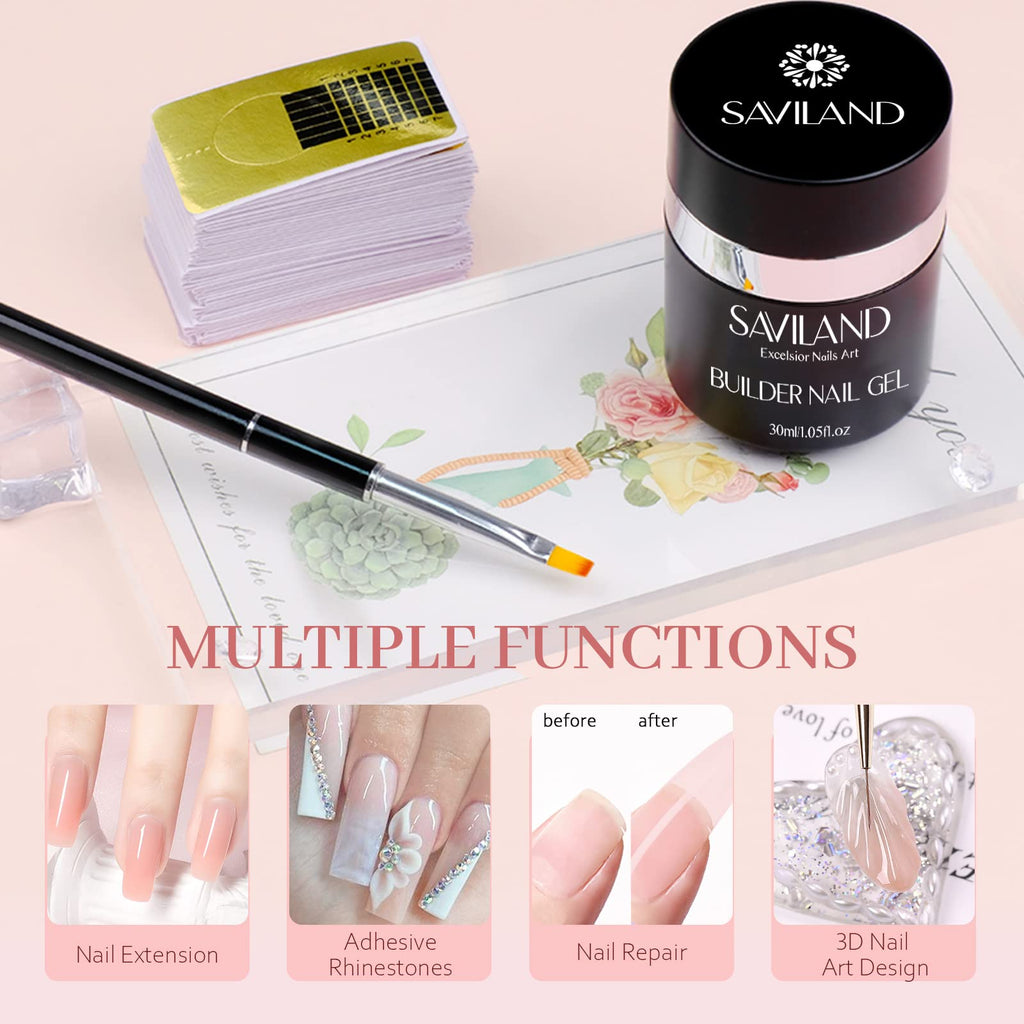 SAVILAND Builder Nail Gel Kit – Nude Pink 30ml, Air Cushion Bottle, 100 Forms & Brushes