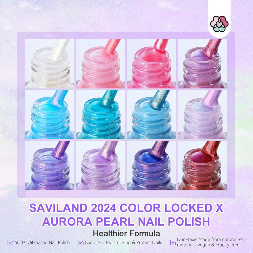 SAVILAND Pearl Nail Polish Set – 12 Aurora Shimmer Colors + Base & Top Coat