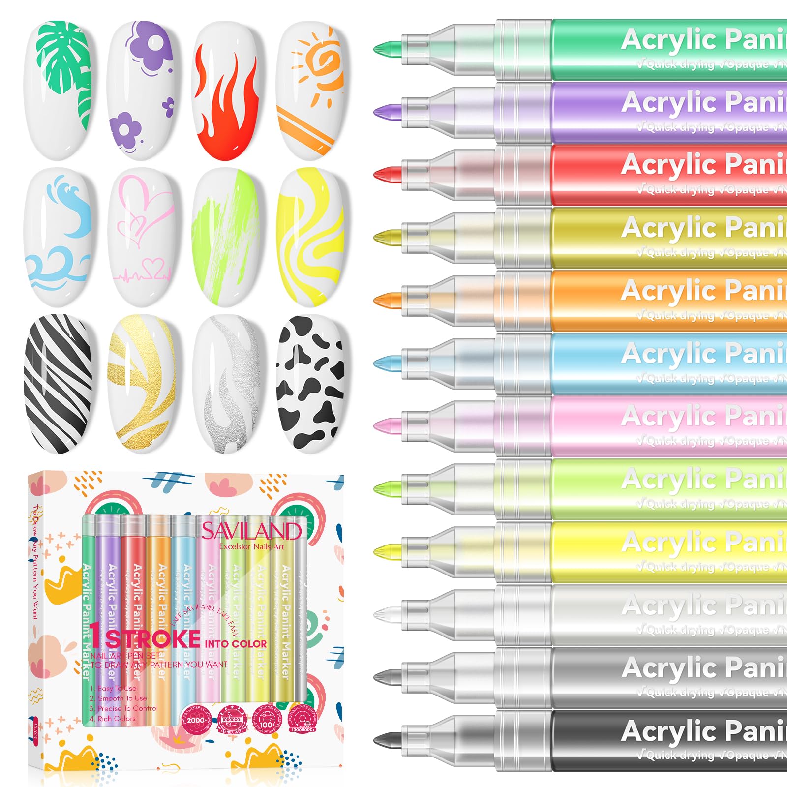 SAVILAND 12 Colors Nail Art Pens Set – Fine-Tip Acrylic Paint Pens for DIY Nail Design