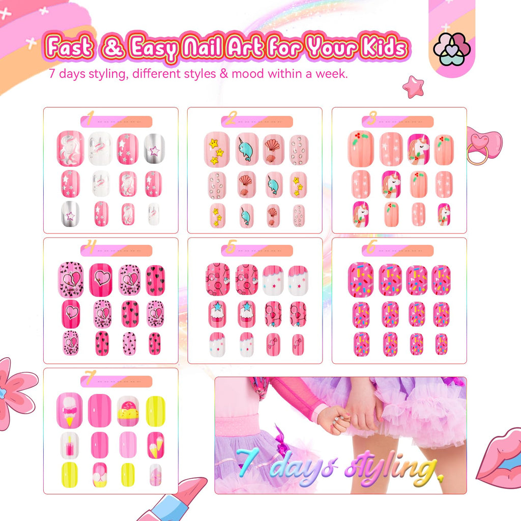 SAVILAND Kids Press-On Nails — 168PCS, 7 Styles, Safe ABS Material, 8–12 Years