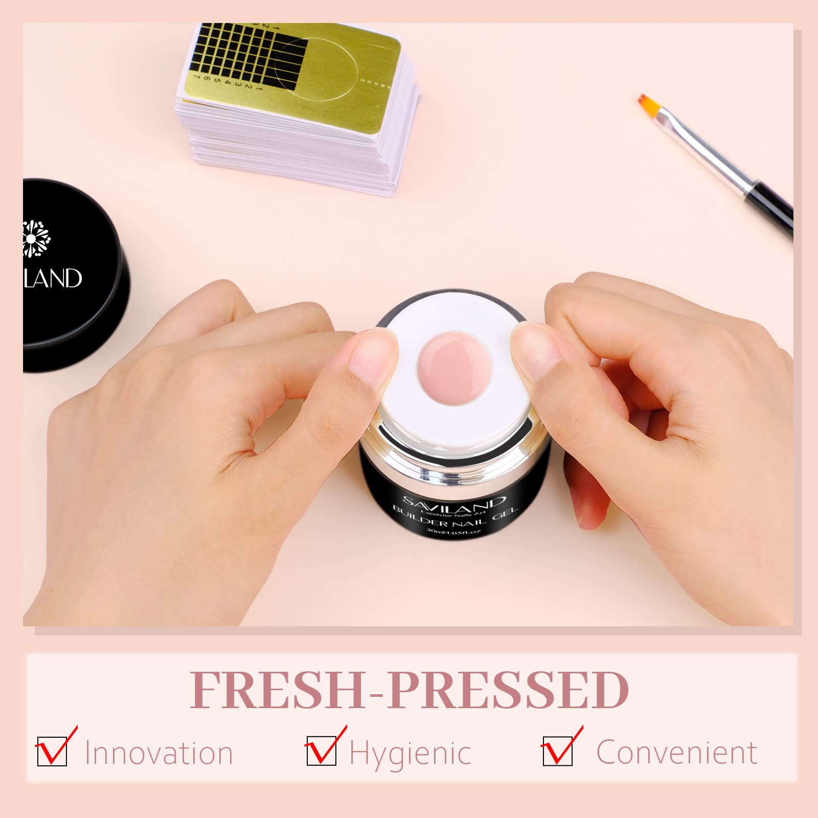 SAVILAND Builder Nail Gel Kit – Nude Pink 30ml, Air Cushion Bottle, 100 Forms & Brushes