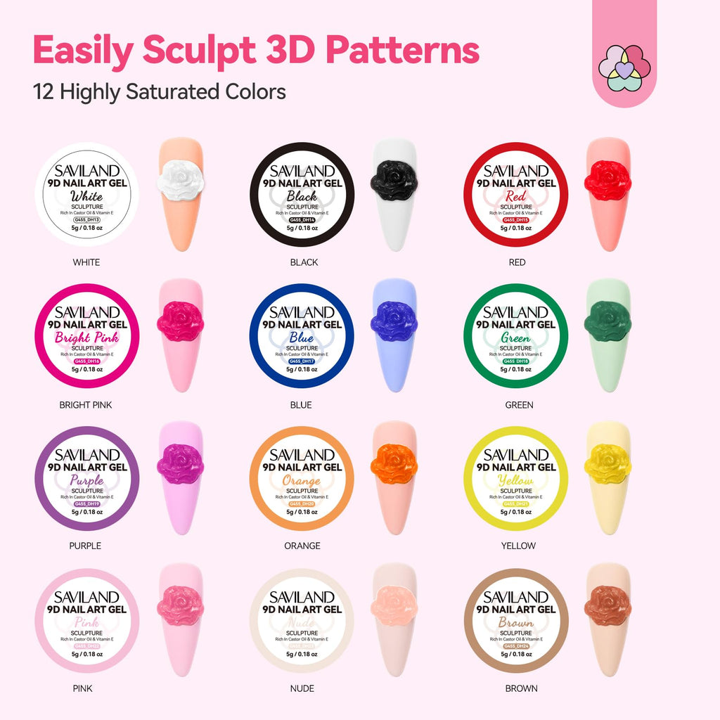 SAVILAND 3D Nail Gel Set – 12 Colors, Non-Sticky Soak Off, 3D Sculpting Kit for DIY Nail Art