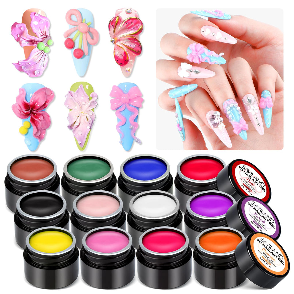 SAVILAND 3D Nail Gel Set – 12 Colors, Non-Sticky Soak Off, 3D Sculpting Kit for DIY Nail Art