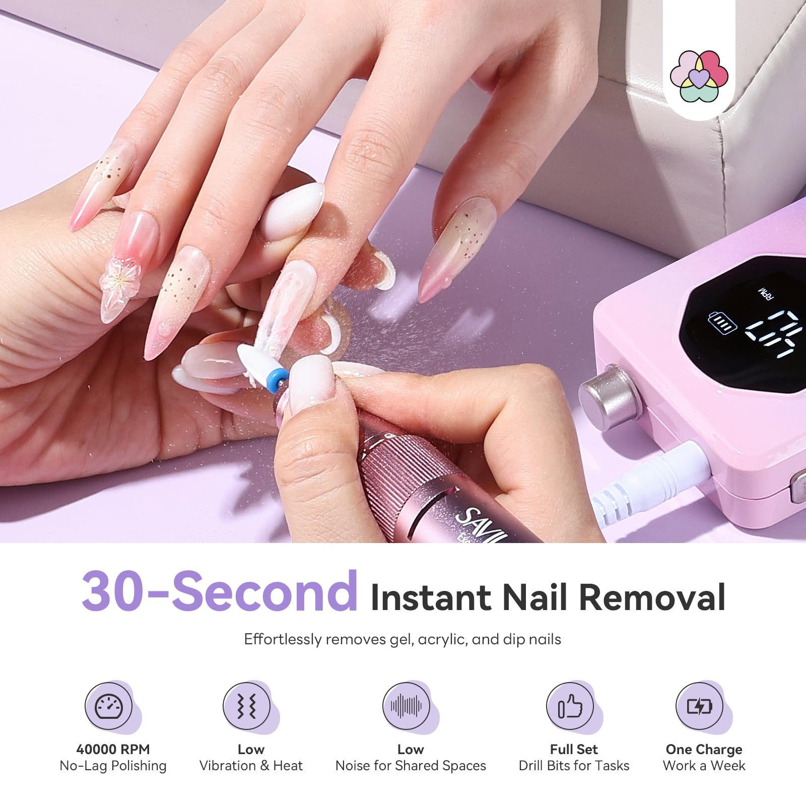 SAVILAND 2026 Nail Drill Professional – 40,000 RPM, 30s Removal, Low Noise, 7–8h Battery