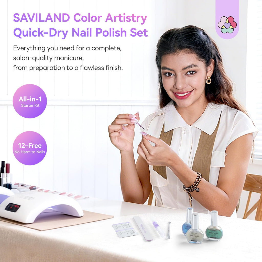 SAVILAND Quick-Dry Aurora Nail Polish Kit | 6+1 Colors, 12-Free, 60–120s Dry, 3-in-1 Base Top Coat + Cuticle Oil