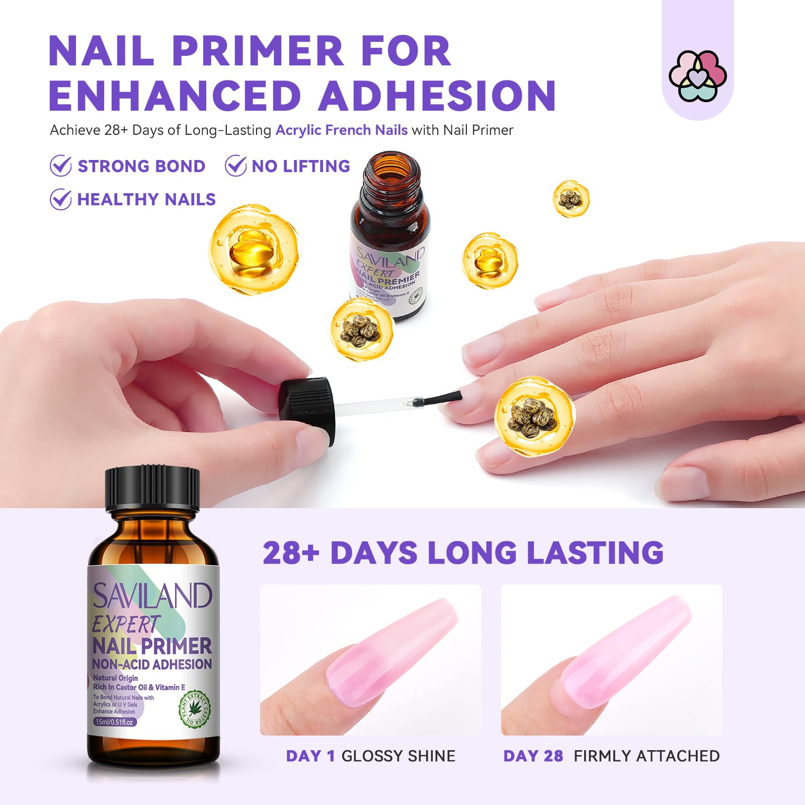 SAVILAND Acrylic Nail Kit – Keratin Powder, Castor Oil, Nail Primer, French Tips & Rhinestones