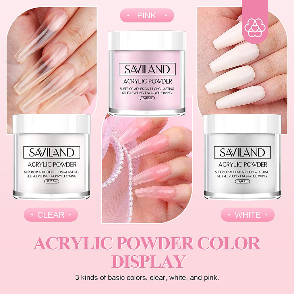 SAVILAND Acrylic Nail Kit Starter Set — Beginner Home Kit with Pink/White/Clear Powders, 50ml Liquid