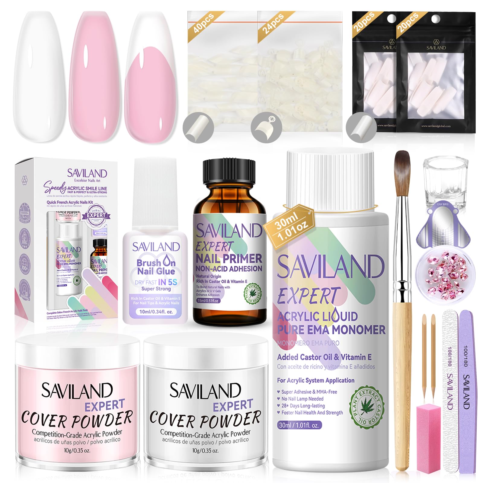 SAVILAND Acrylic Nail Kit – Keratin Powder, Castor Oil, Nail Primer, French Tips & Rhinestones