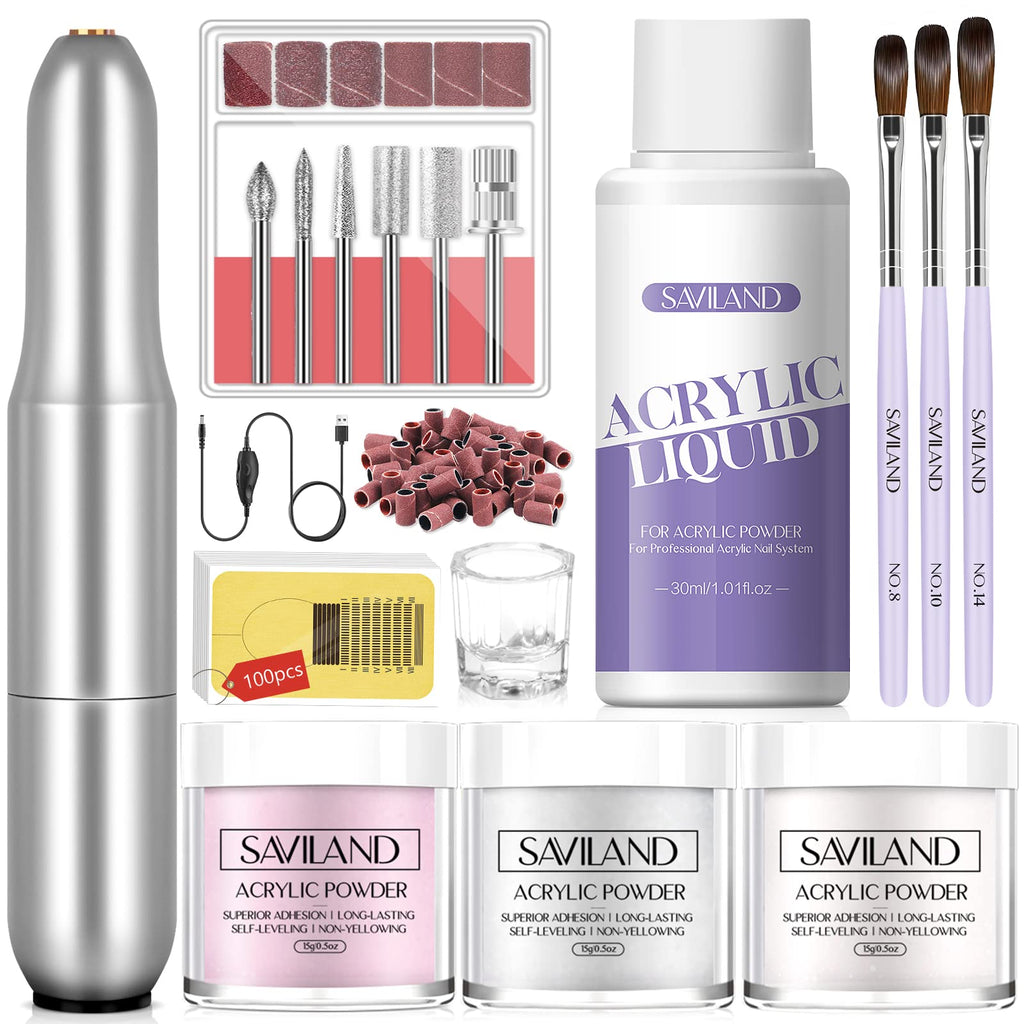 SAVILAND Acrylic Nail Kit with Drill Included – Clear, White & Pink Colors for DIY Nail Extensions