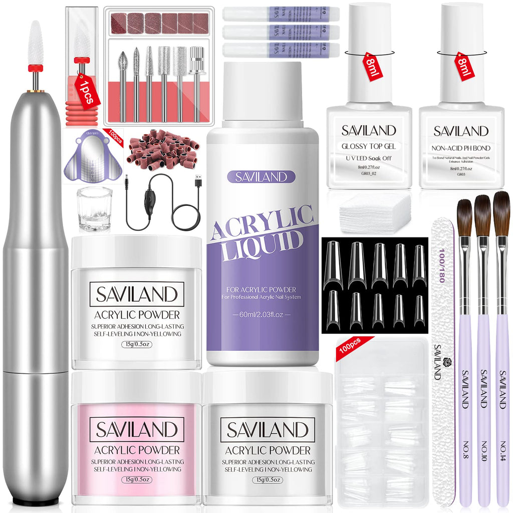 SAVILAND Acrylic Nail Kit with Drill – 15g White Pink Clear Powders + 60ml Monomer + 100 Nail Forms & Tools