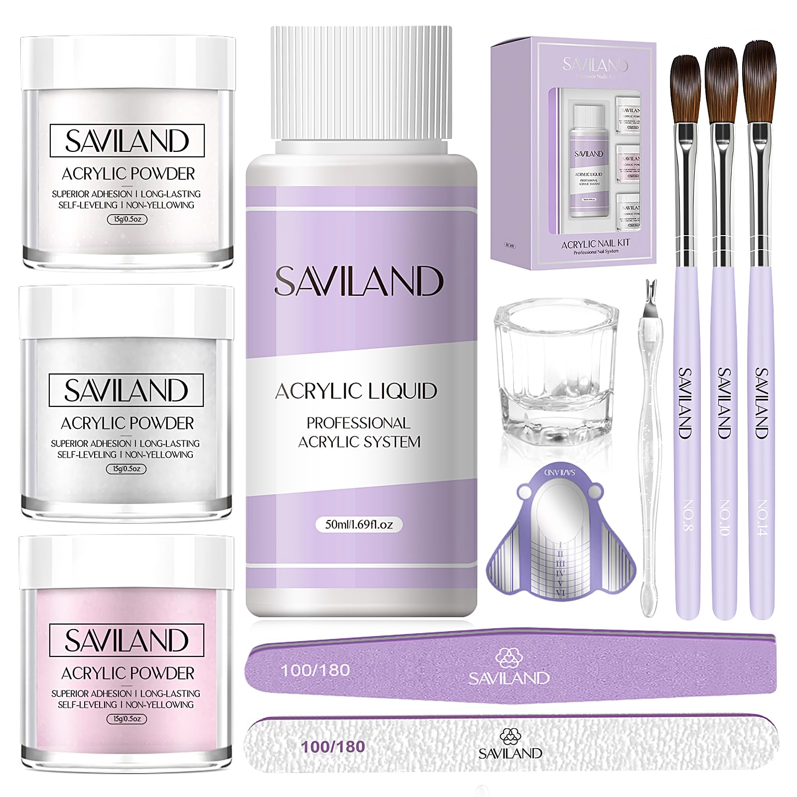 SAVILAND Acrylic Nail Kit Starter Set — Beginner Home Kit with Pink/White/Clear Powders, 50ml Liquid