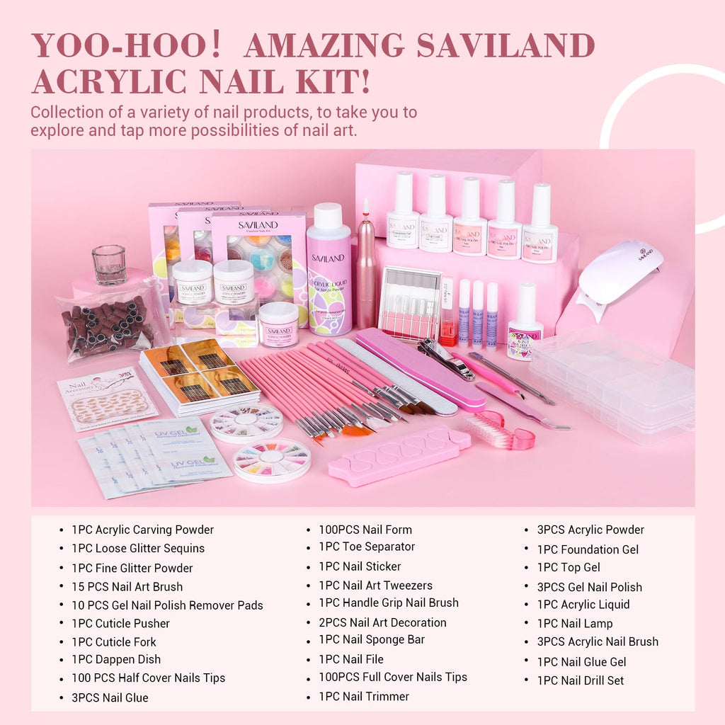 SAVILAND Essentials Acrylic Nail Kit for Beginners – 120ml Monomer, Glitter Powder, Nail Drill & UV Lamp