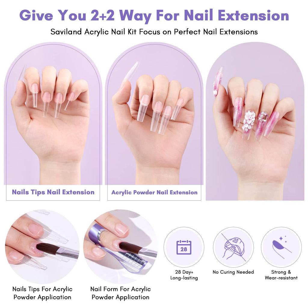 SAVILAND Acrylic Nail Kit with Drill – 15g White Pink Clear Powders + 60ml Monomer + 100 Nail Forms & Tools
