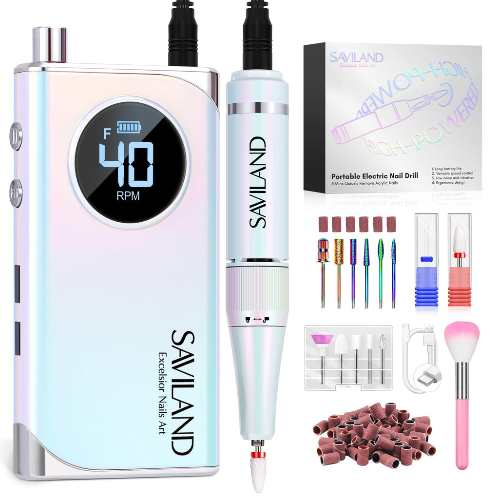 SAVILAND Advance Nail Drill for Acrylic Nails – 40000 RPM, 6000mAh Rechargeable E-File, 13 Bits