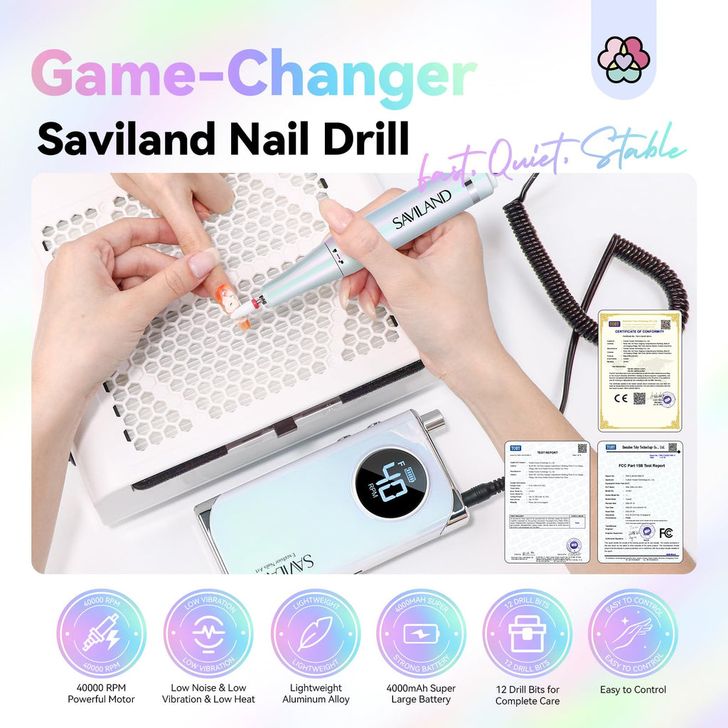 SAVILAND Advance Nail Drill for Acrylic Nails – 40000 RPM, 6000mAh Rechargeable E-File, 13 Bits