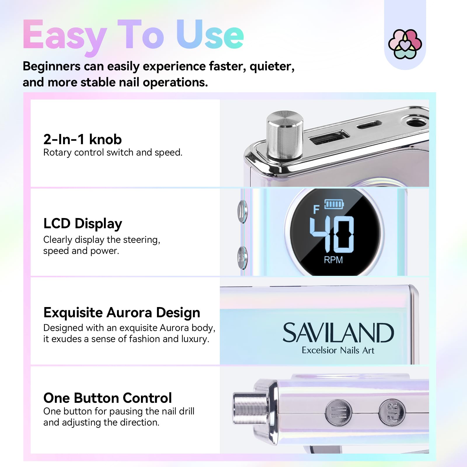 SAVILAND Advance Nail Drill for Acrylic Nails – 40000 RPM, 6000mAh Rechargeable E-File, 13 Bits