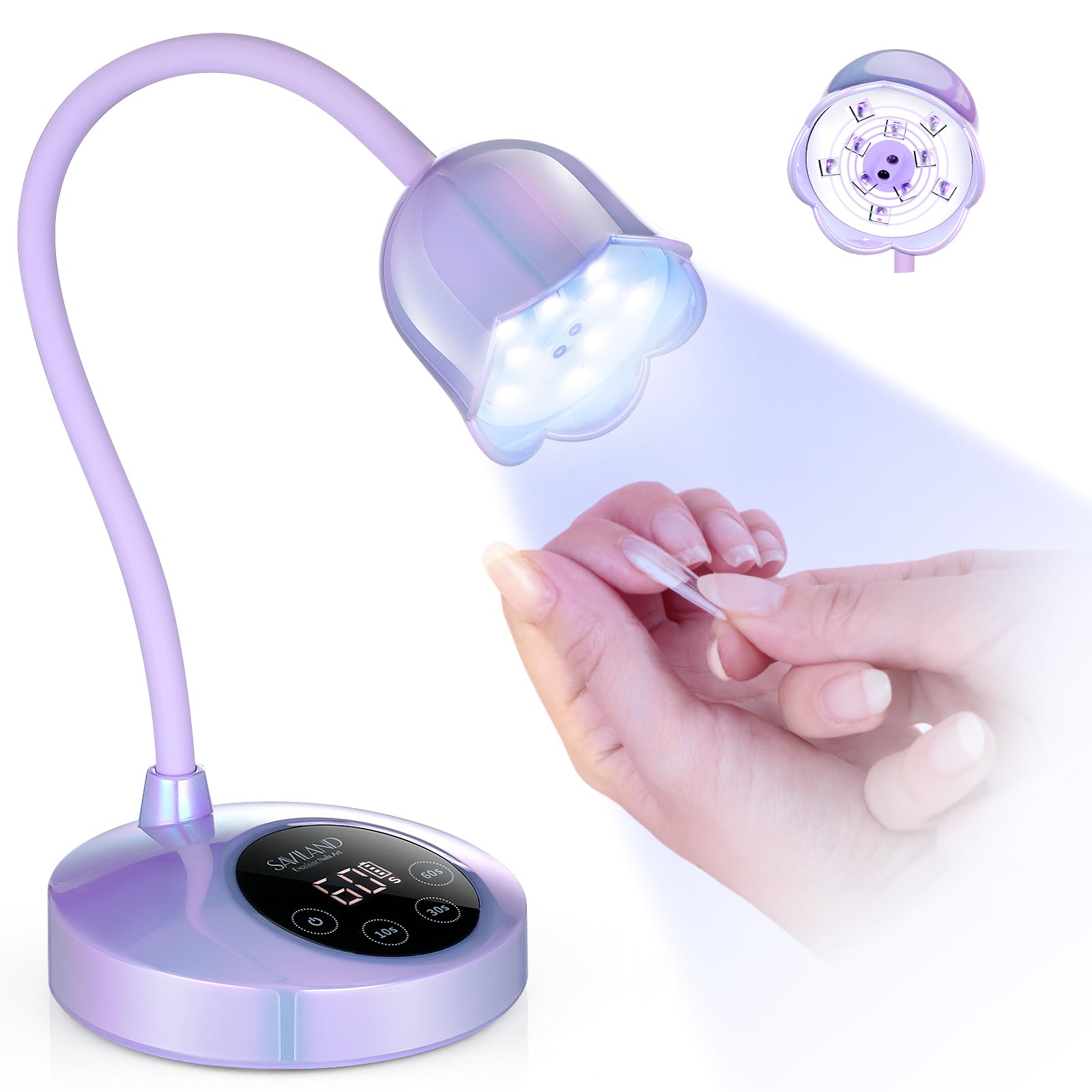 SAVILAND Advanced 30W UV Nail Lamp – 8S Gel Cure, Cordless Gooseneck, Purple Light