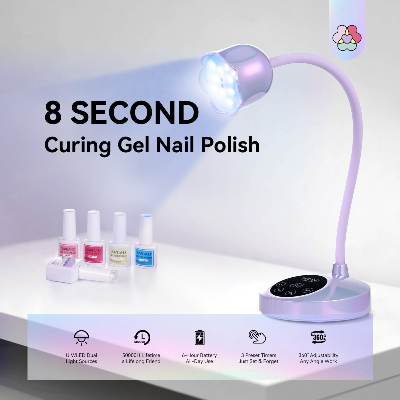 SAVILAND Advanced 30W UV Nail Lamp – 8S Gel Cure, Cordless Gooseneck, Purple Light