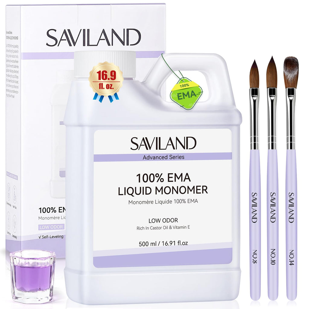 SAVILAND Advanced Monomer Acrylic Nail Liquid Kit – Pure EMA 500 ml, Low Odor, 3 Brushes + Dappen Dish