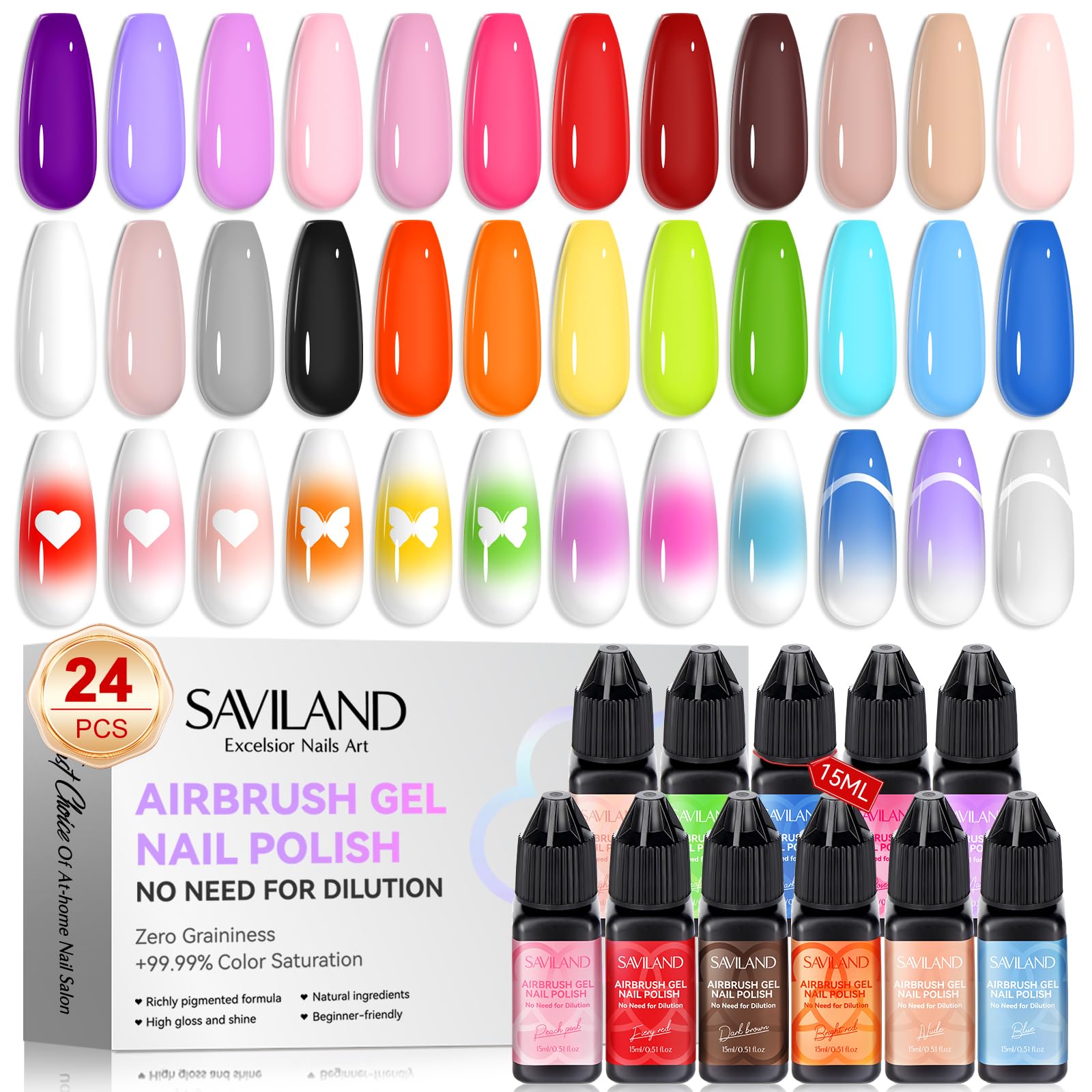 SAVILAND 24-Color Airbrush Gel Nail Polish – HEMA-FREE, No Dilution, Non-Acetone for Gradients & Nail Art