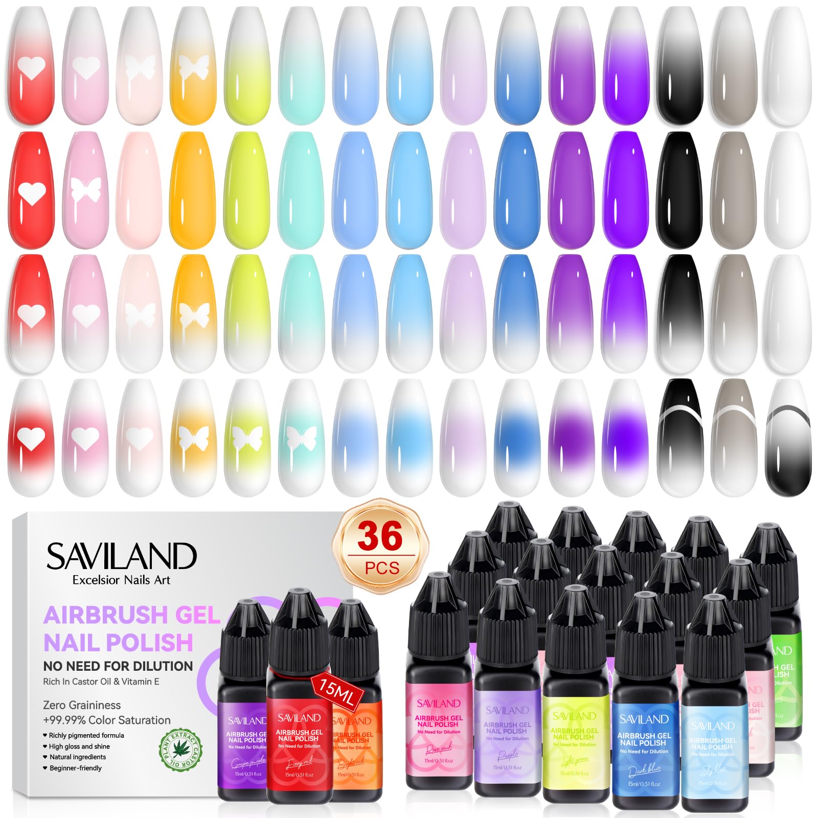 SAVILAND Airbrush Gel Nail Polish – 36 Colors, No Dilution, High Pigment for Nail Art