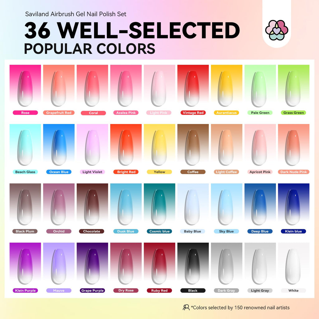 SAVILAND Airbrush Gel Nail Polish – 36 Colors, No Dilution, High Pigment for Nail Art