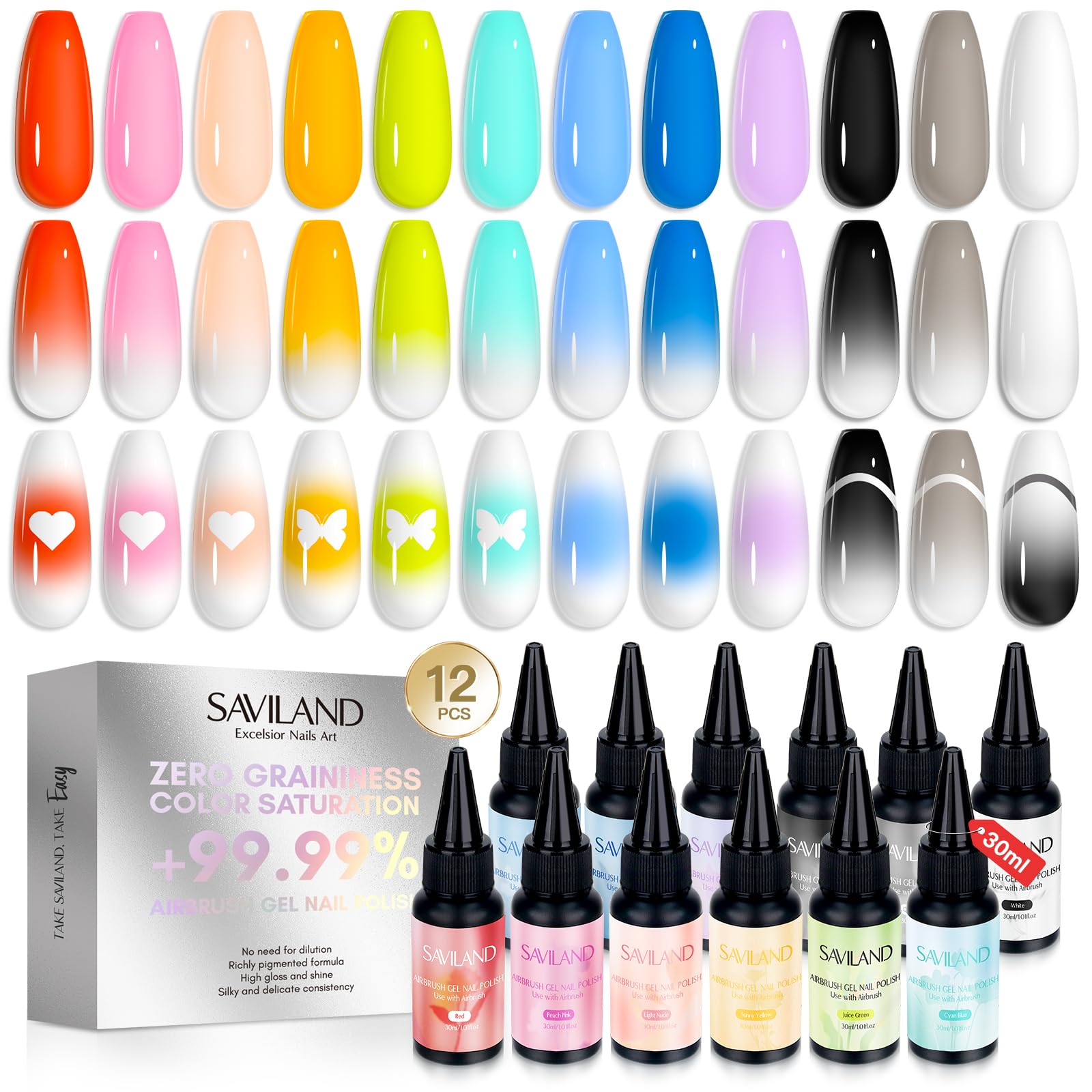 SAVILAND Airbrush Gel Nail Polish Set – Hema-Free, 30ml, No-Dilution, 12 Colors for Nail Art