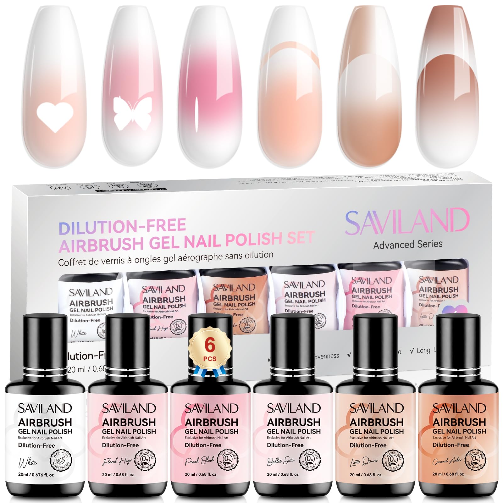 SAVILAND Dilution-Free Airbrush Gel Nail Polish Set – 6x20ml, 0-Acetone, Up to 4 Weeks Wear