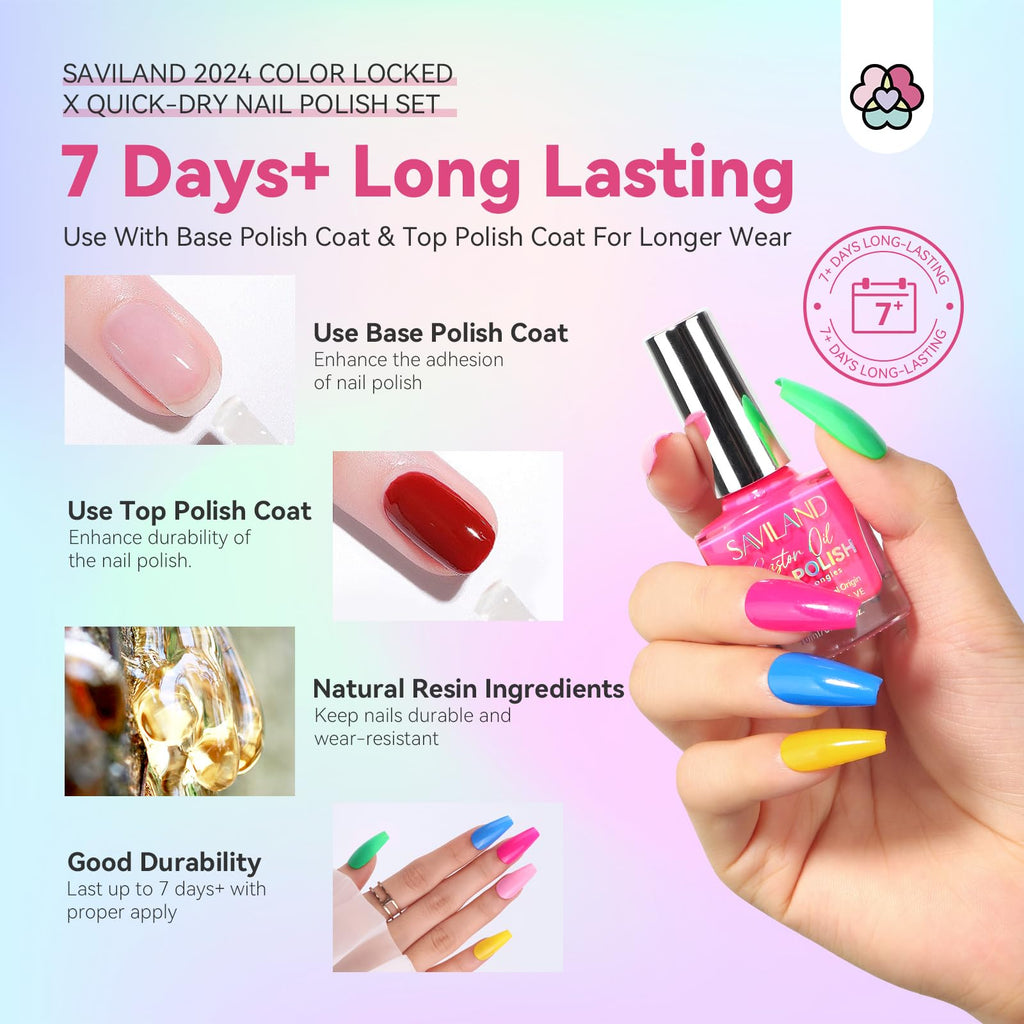 SAVILAND Quick Dry Nail Polish Set - 14 Neon Summer Colors, Base & Top Coat Included