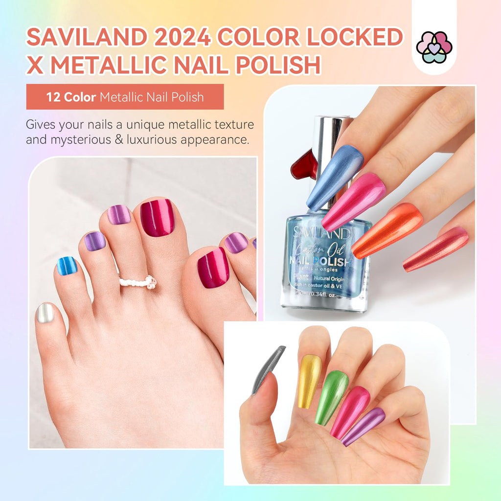 SAVILAND Metallic Nail Polish Quick Dry - 12 Neon Chrome Colors + Base & Top Coat