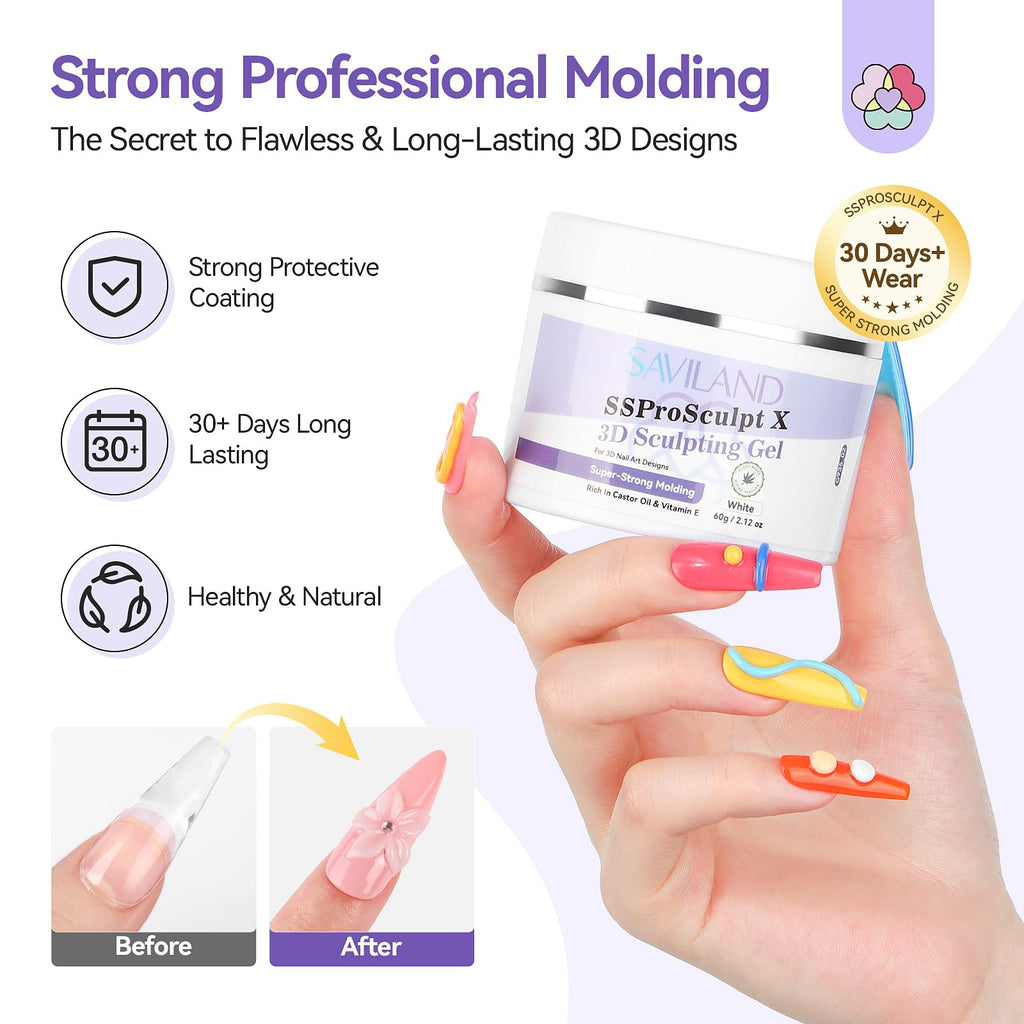 SAVILAND 60 g 3D Nail Gel – Strong Molding, No-Wipe White Sculpting Gel for 3D Nail Art