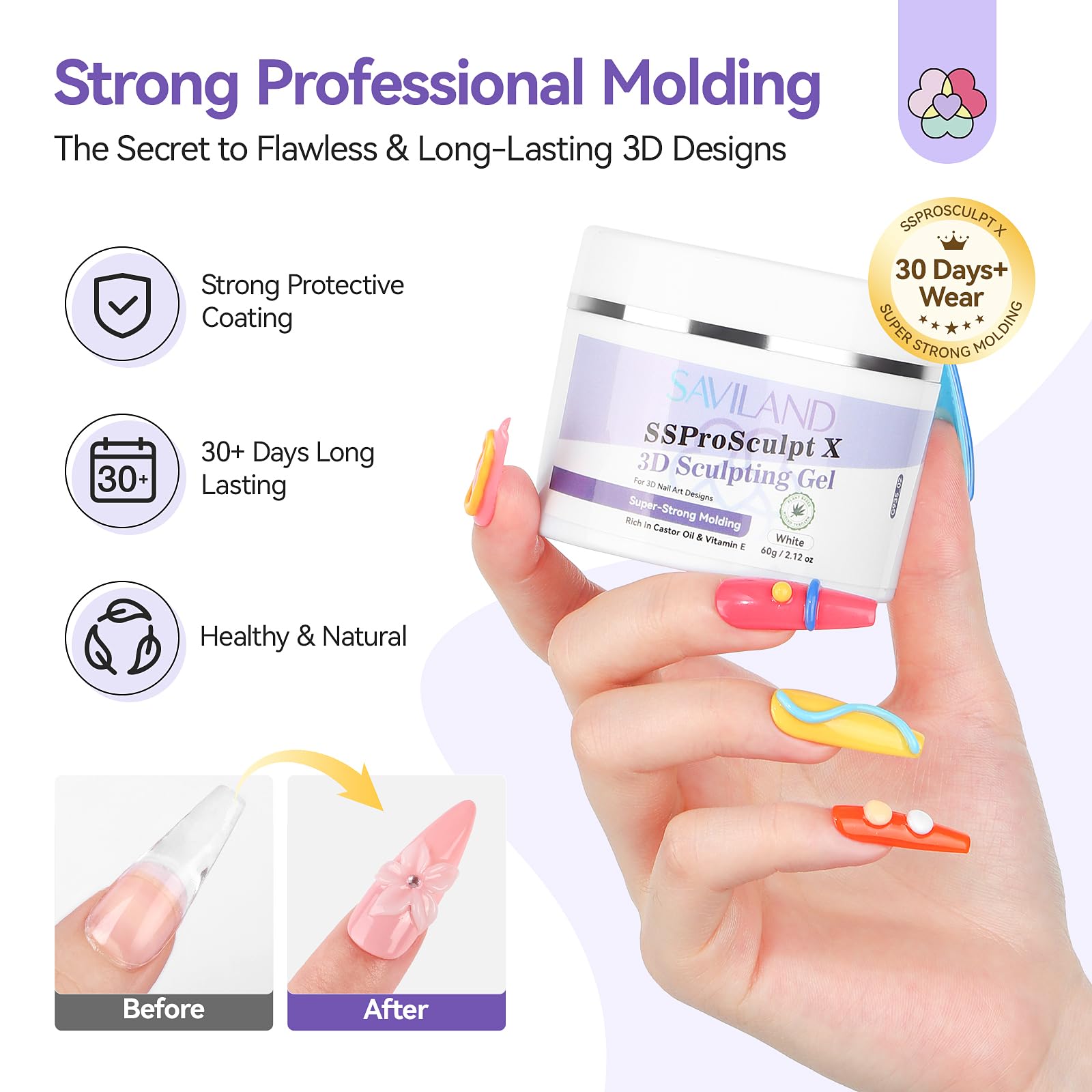 SAVILAND 60 g 3D Nail Gel – Strong Molding, No-Wipe White Sculpting Gel for 3D Nail Art