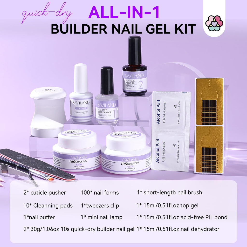 SAVILAND Quick-dry Builder Nail Gel Kit – Clear & Pink Gels with Mini UV Light