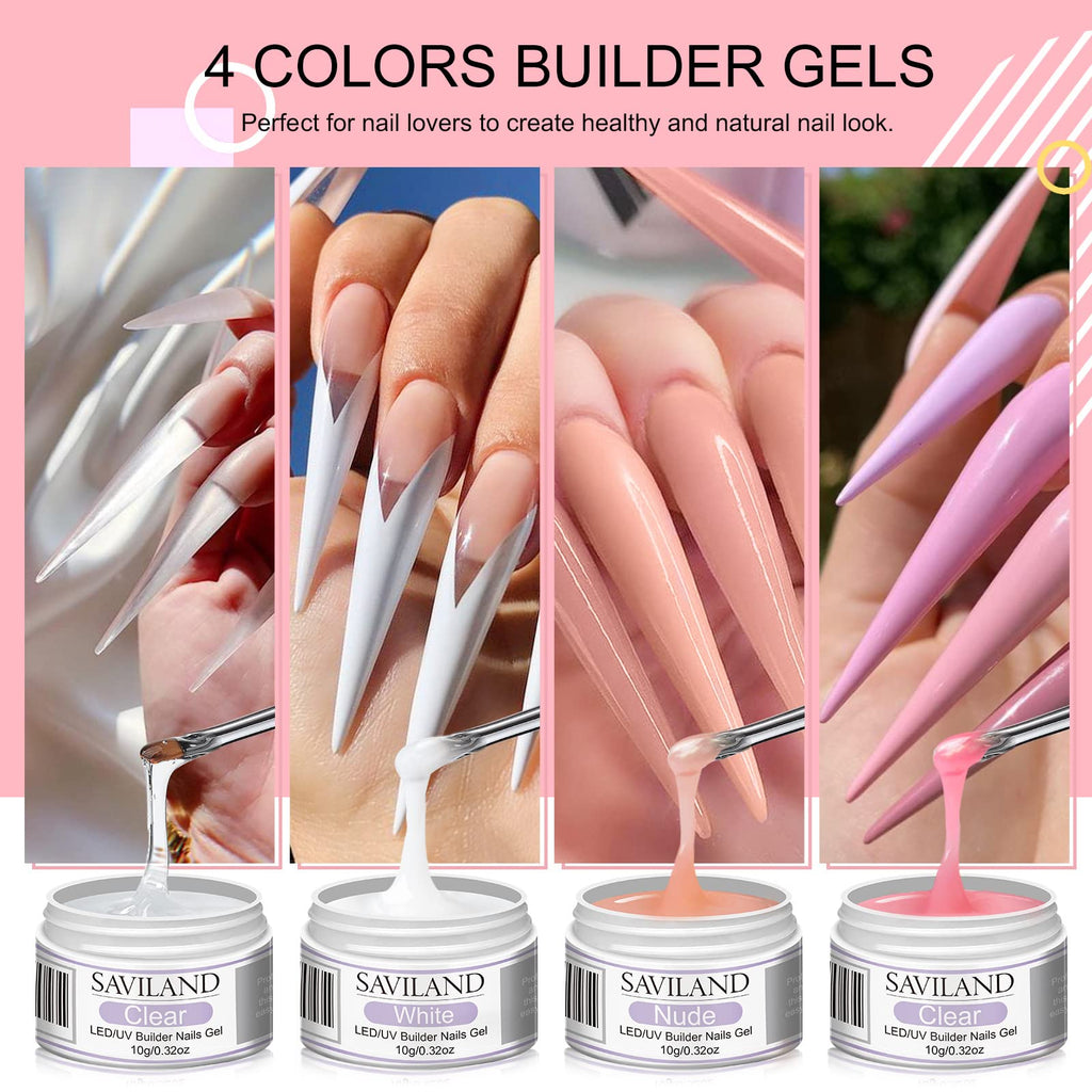 SAVILAND Builder Nail Gel Kit – 4-Color Gels, 100 Forms & Tools for At-Home Nail Art