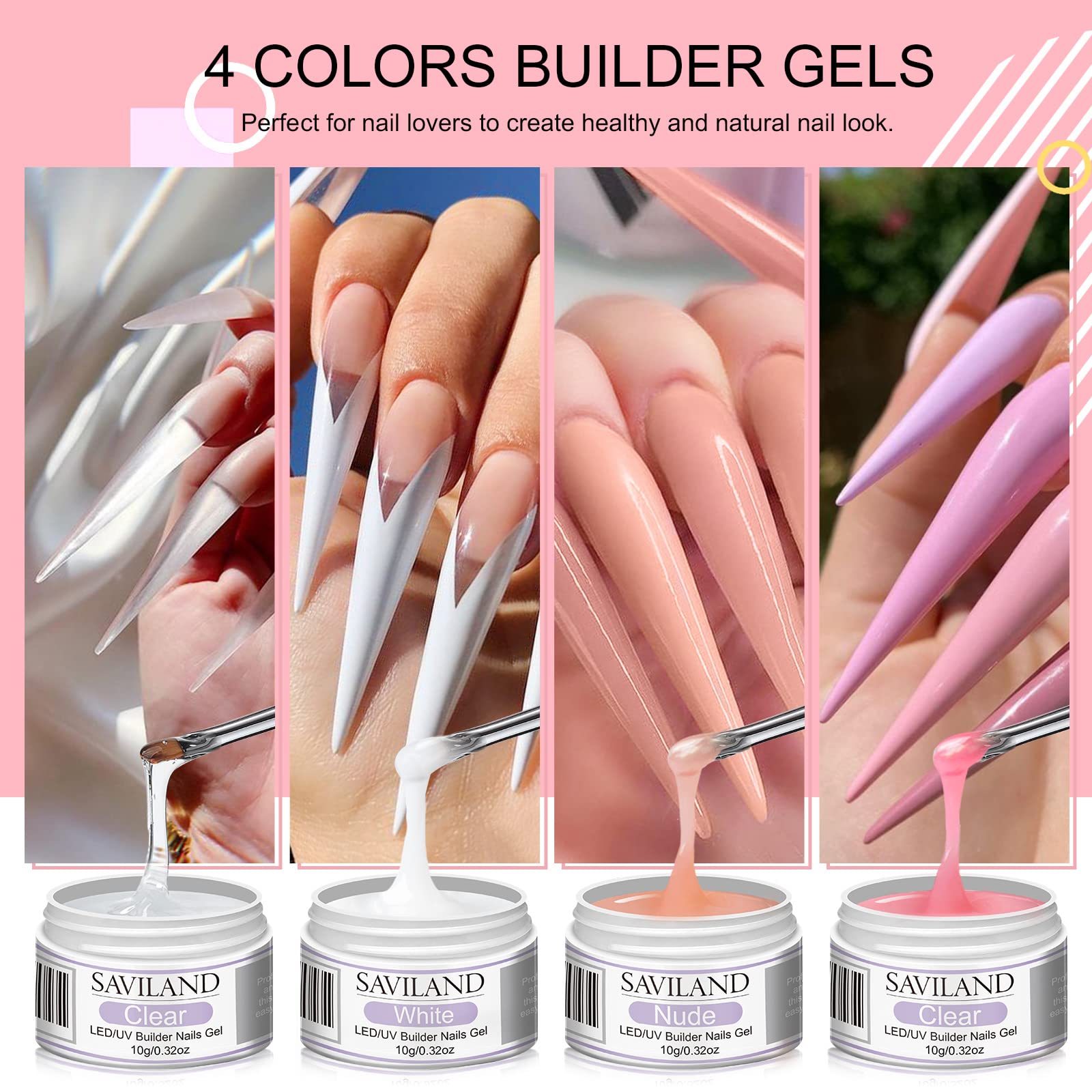 SAVILAND Builder Nail Gel Kit – 4-Color Gels, 100 Forms & Tools for At-Home Nail Art